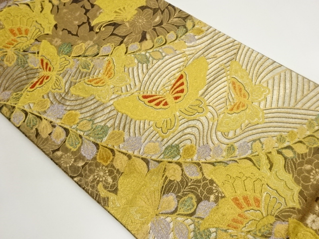JAPANESE FUKURO OBI / WOVEN BUTTERFLY & FLORAL PLANTS